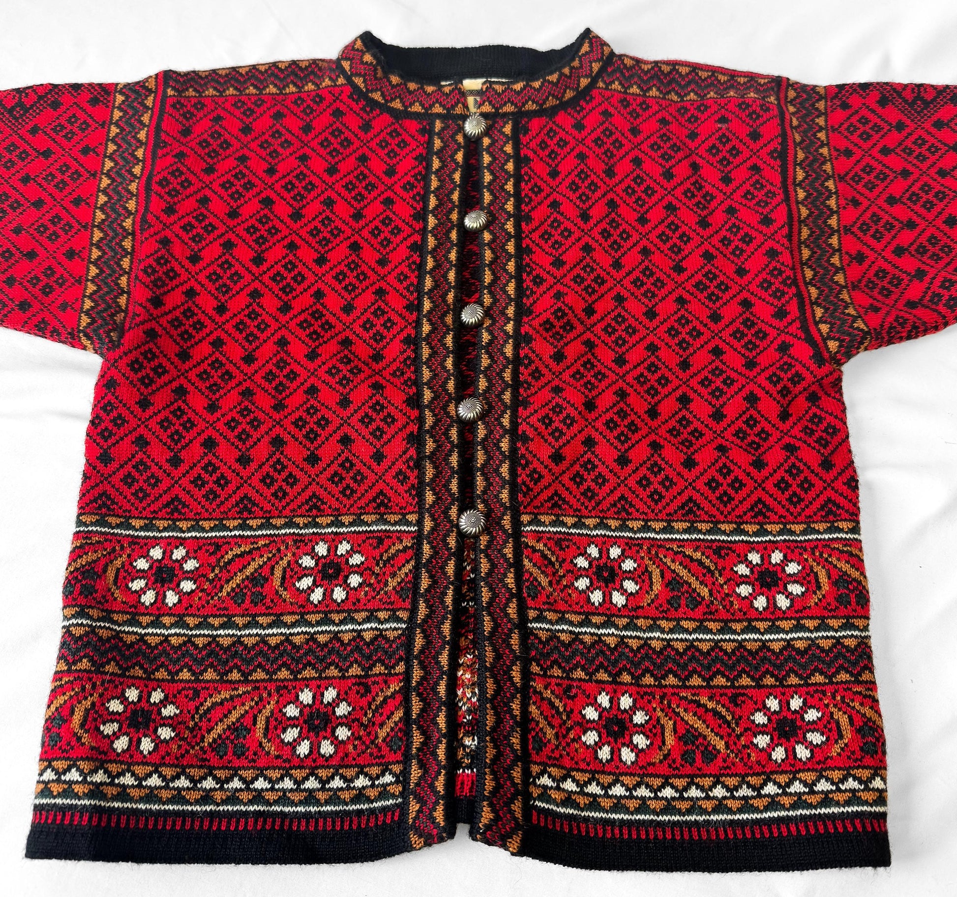Vintage Dale of Norway Red Abstract Floral Pure Wool Nordic Cardigan Sweater, Approx. Women's Sz. XS/S