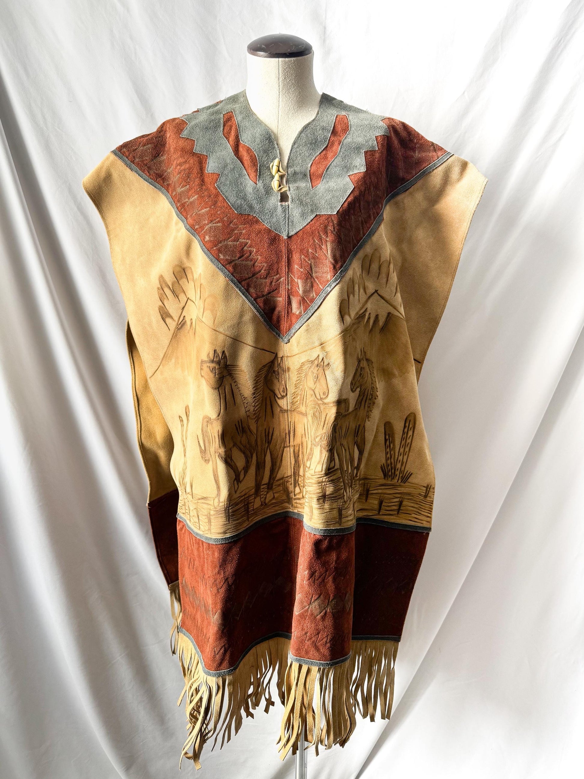 Vintage 60s/70s Handmade Native Western Style Suede Leather Horse Stamped Fringe Poncho, Approx. Men's XL/One Size, Statement Western Wear
