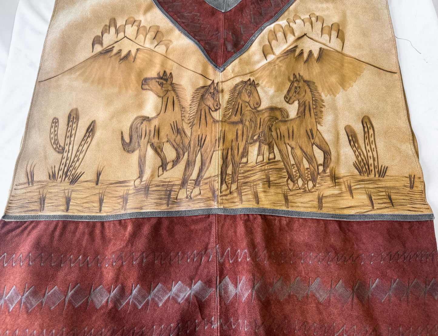 Vintage 60s/70s Handmade Native Western Style Suede Leather Horse Stamped Fringe Poncho, Approx. Men's XL/One Size, Statement Western Wear