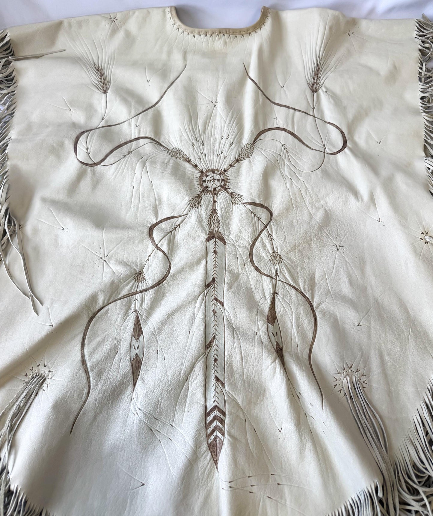 Vintage 60s/70s Handmade Cream Off-White Eagle Dreamcatcher Native Western Style Leather Fringe Shawl One Size Unique Statement Western Wear