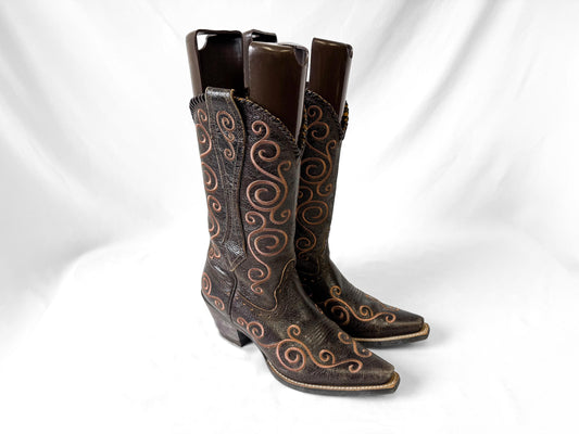 Vintage Style Ariat Shellen Distressed Brown Leather Cowboy Boots, Sz. 8B, Unique Western Festival Boots