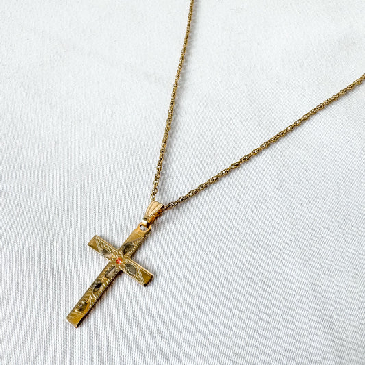 Vintage 10K Yellow Gold Etched Cross Pendant on a 18" 14K GF Chain, Elegant Simple Everyday Cross Necklace