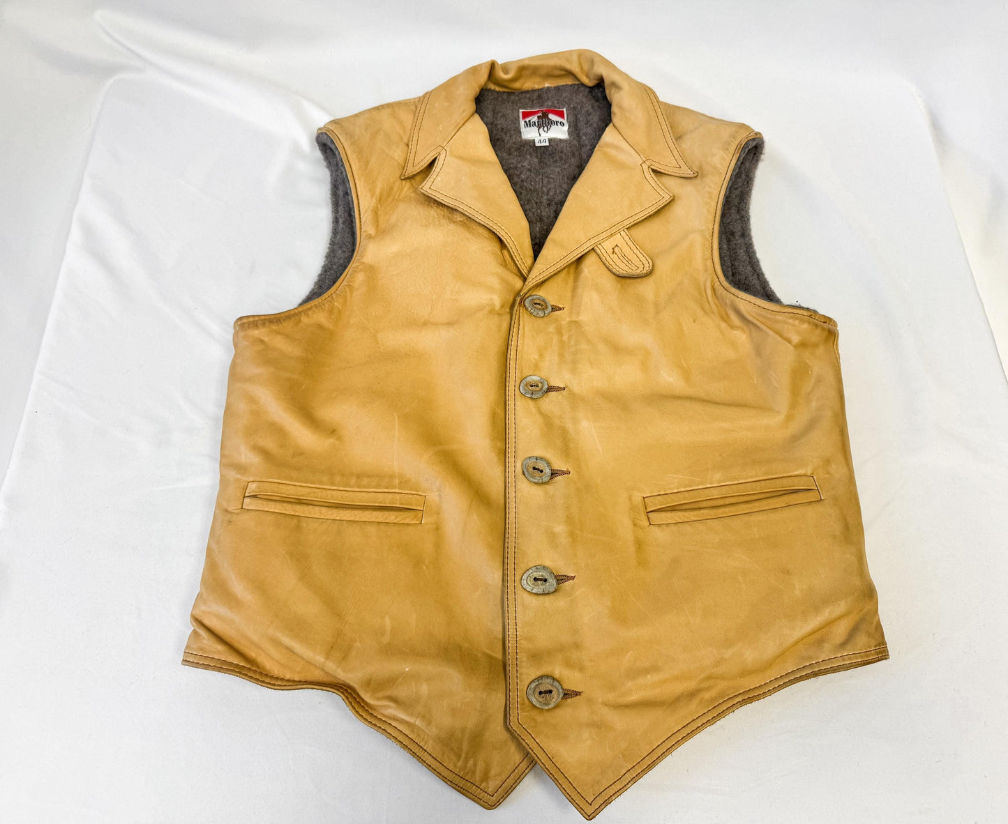 Vintage 70s Marlboro Tan Leather Wool Lined Button Vest, Approx. Men's Sz. L