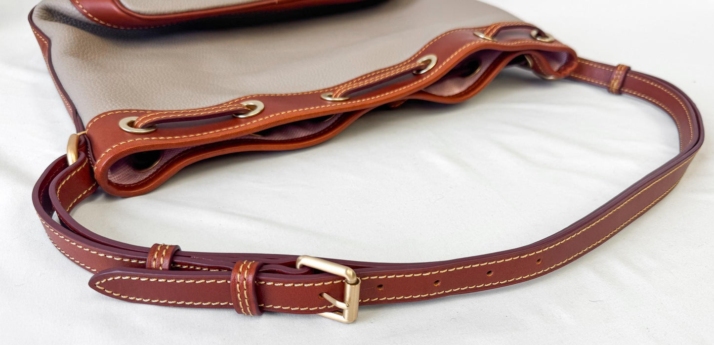 Modern Dooney and Bourke Dillen Elephant Gray Taupe Leather Drawstring Bucket Shoulder Bag