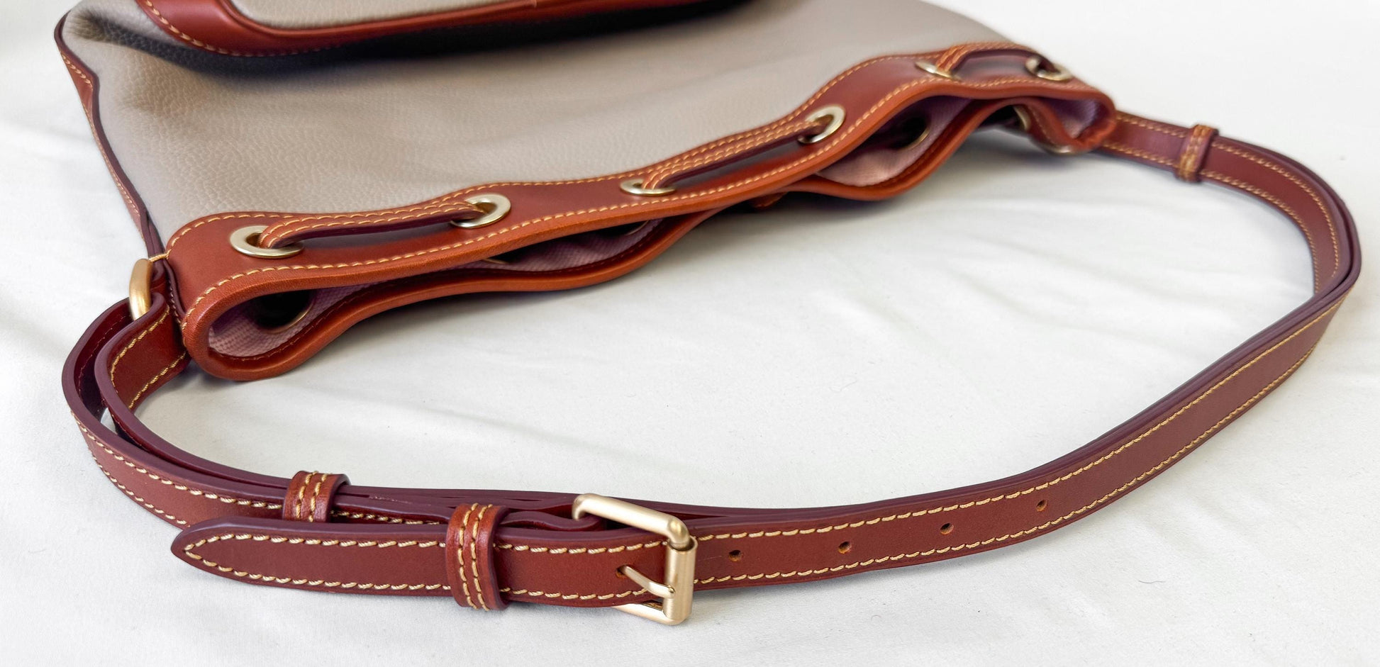 Modern Dooney and Bourke Dillen Elephant Gray Taupe Leather Drawstring Bucket Shoulder Bag