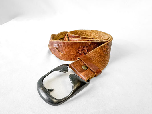 Vintage Tooled Leather Floral Painted Braided Belt, 32"- 38", Western Boho Style Belt