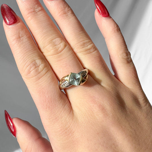 Vintage 10K Yellow and White Gold Aquamarine Diamond Ring, Sz. 6.5