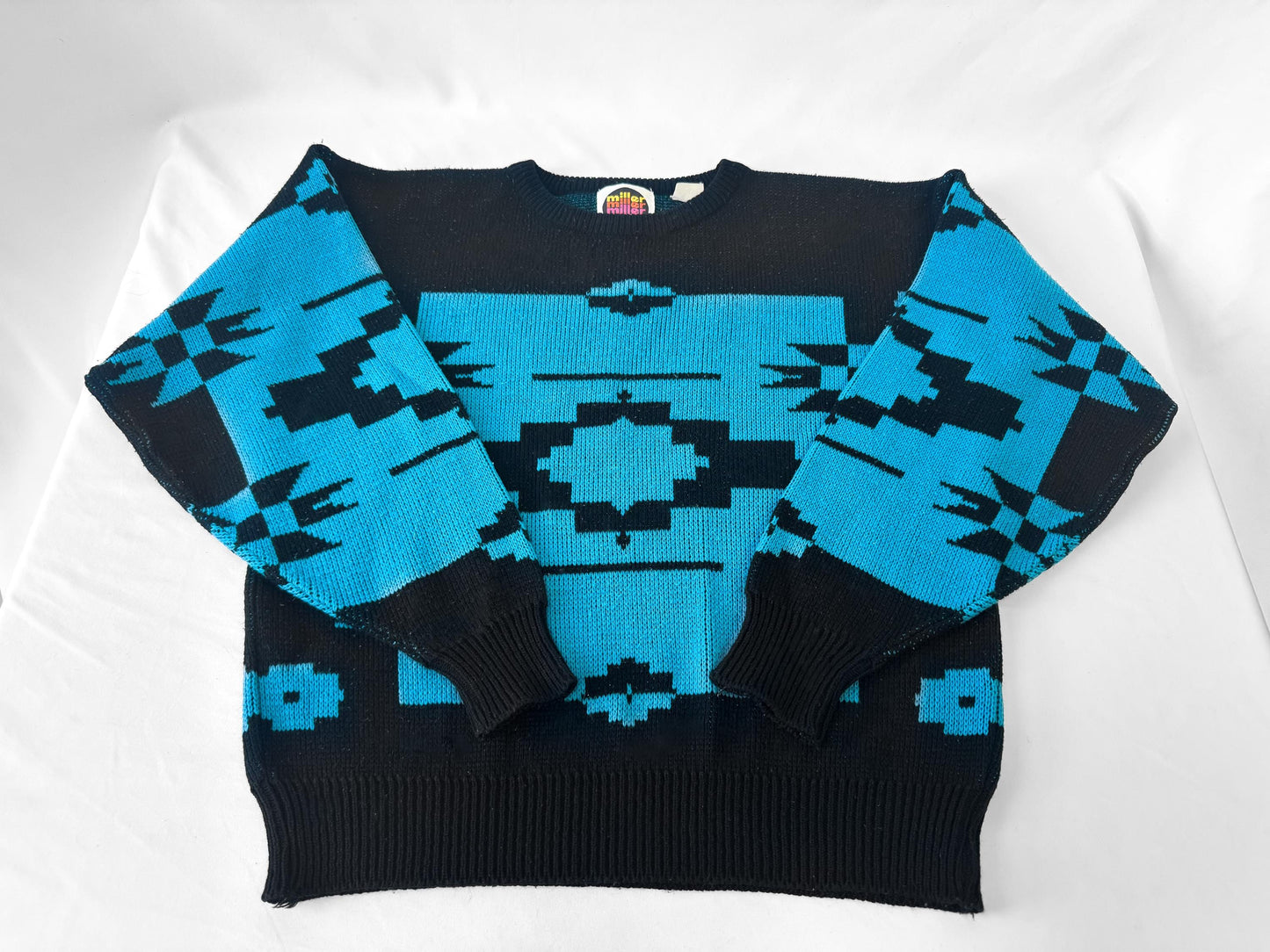 Vintage 90s Black Blue Aztec Southwest Print Crewneck Sweater, Approx. Men's Sz. M