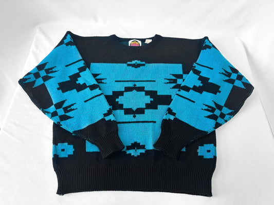 Vintage 90s Black Blue Aztec Southwest Print Crewneck Sweater, Approx. Men's Sz. M