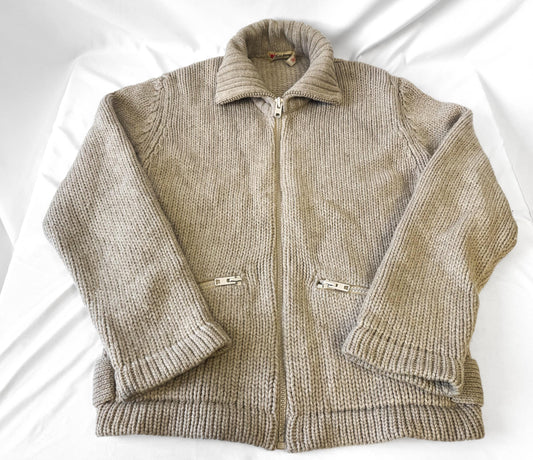 Vintage Field and Stream Beige Chunky Knit Pure Wool Zip Up Cardigan Sweater, Men's Sz. M/L