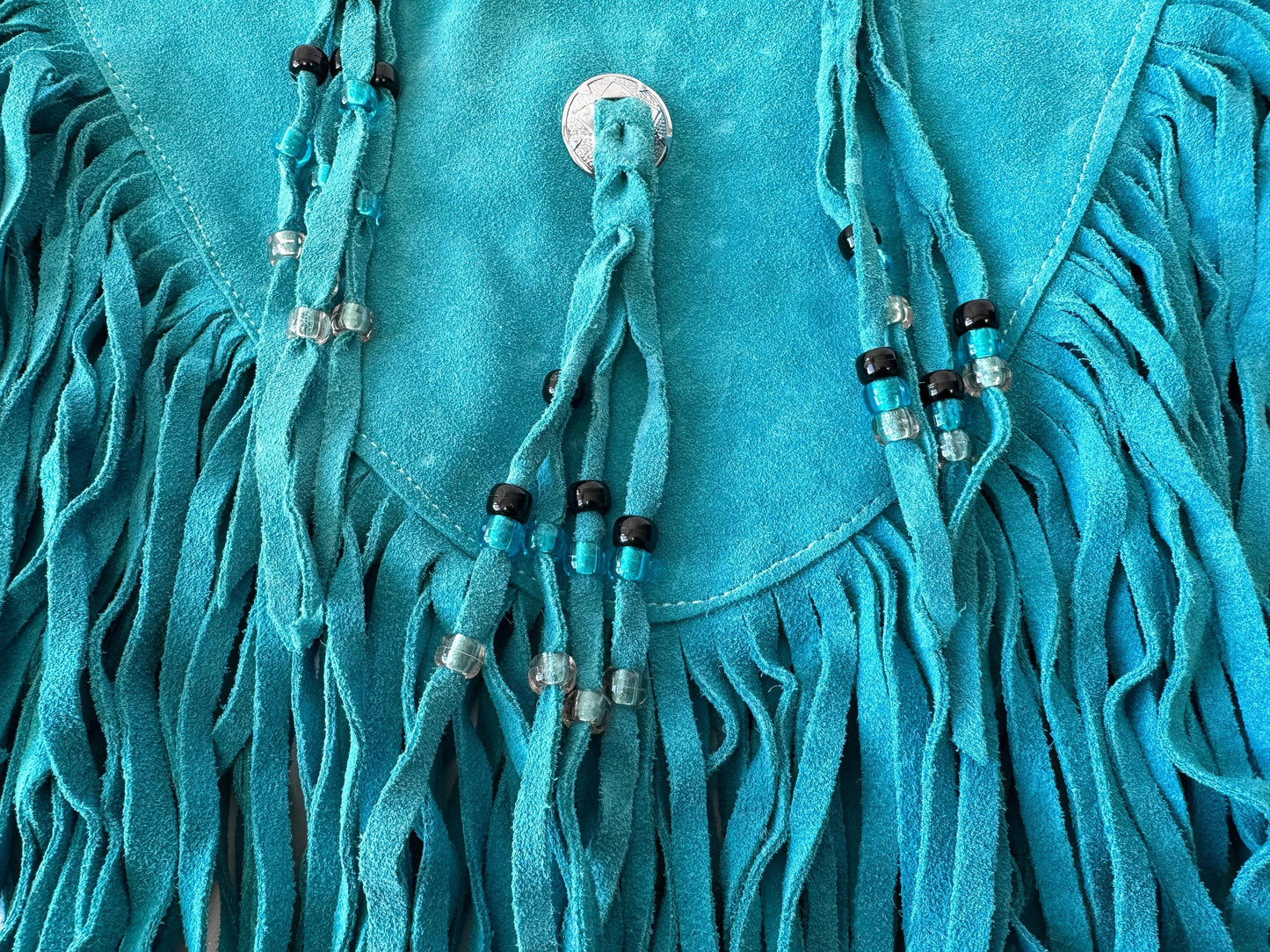 Vintage Handmade Turquoise Teal Suede Leather Fringe Beaded Concho Shawl Poncho, Approx. Sz. Women's XS, Unique Western Festival Top