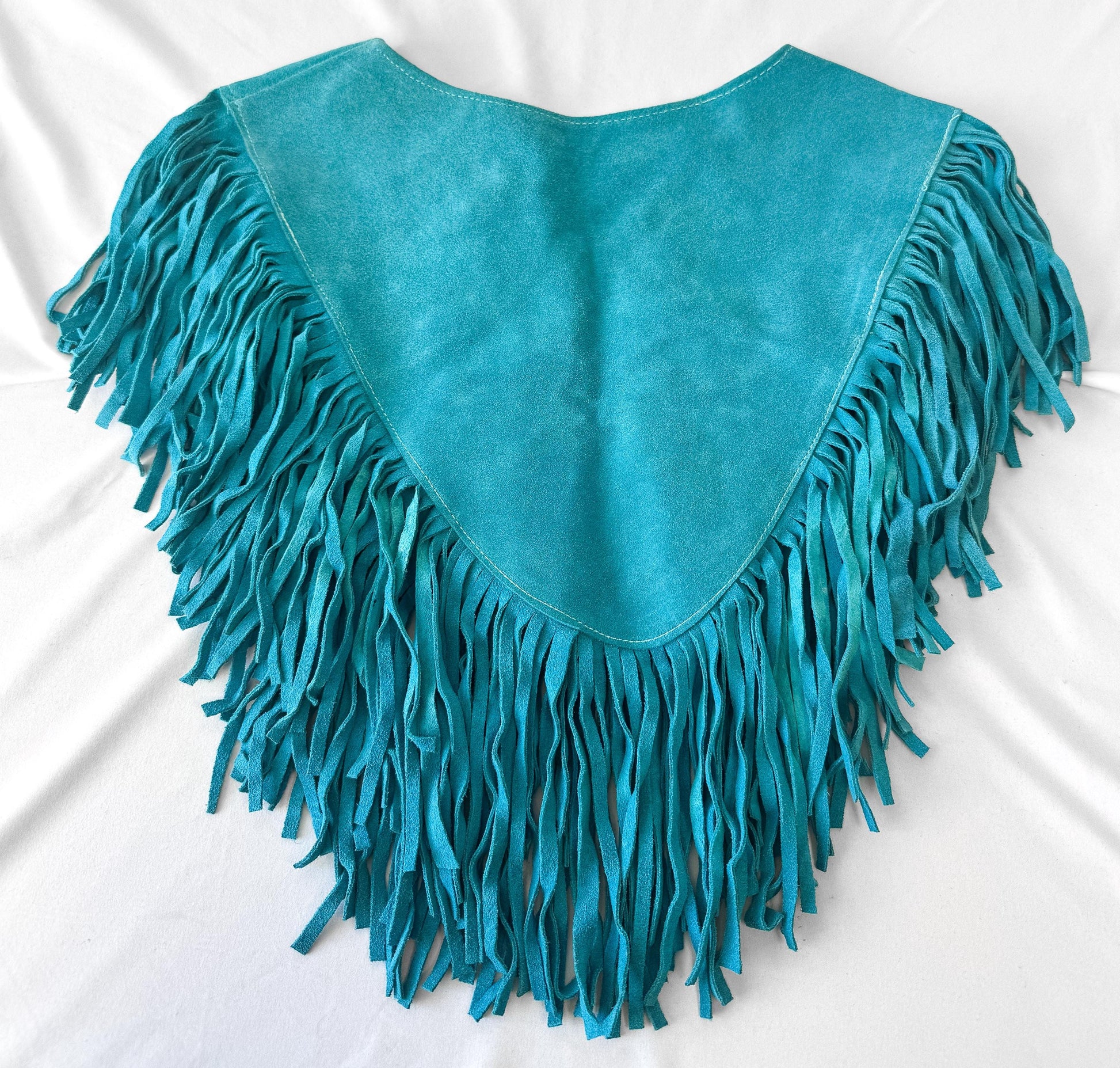 Vintage Handmade Turquoise Teal Suede Leather Fringe Beaded Concho Shawl Poncho, Approx. Sz. Women's XS, Unique Western Festival Top