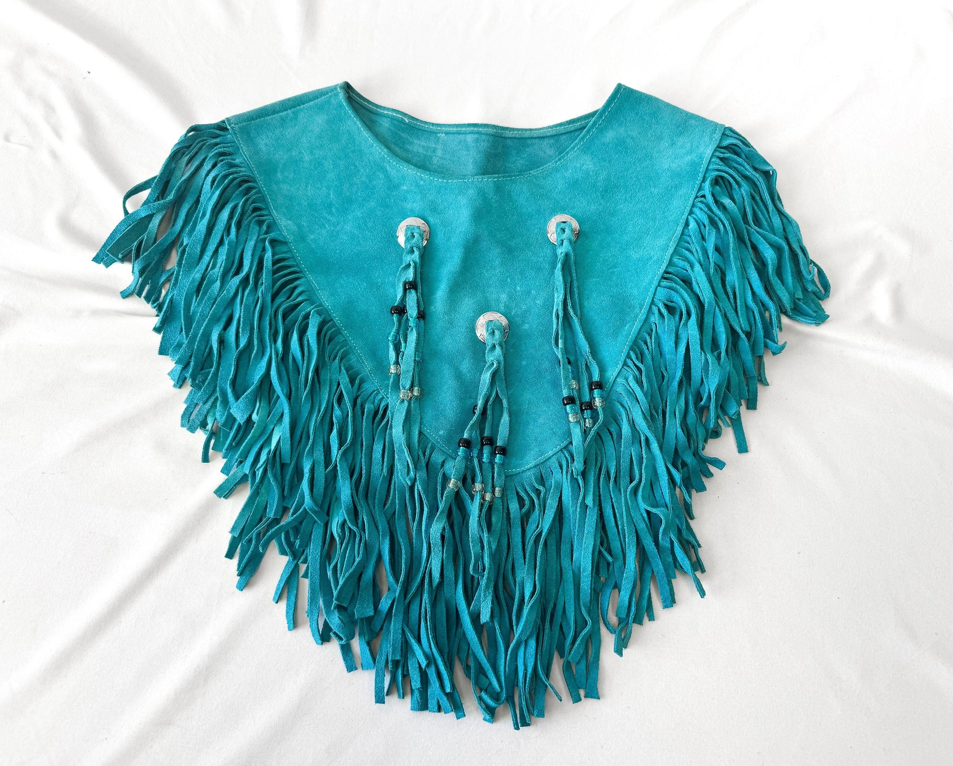 Vintage Handmade Turquoise Teal Suede Leather Fringe Beaded Concho Shawl Poncho, Approx. Sz. Women's XS, Unique Western Festival Top