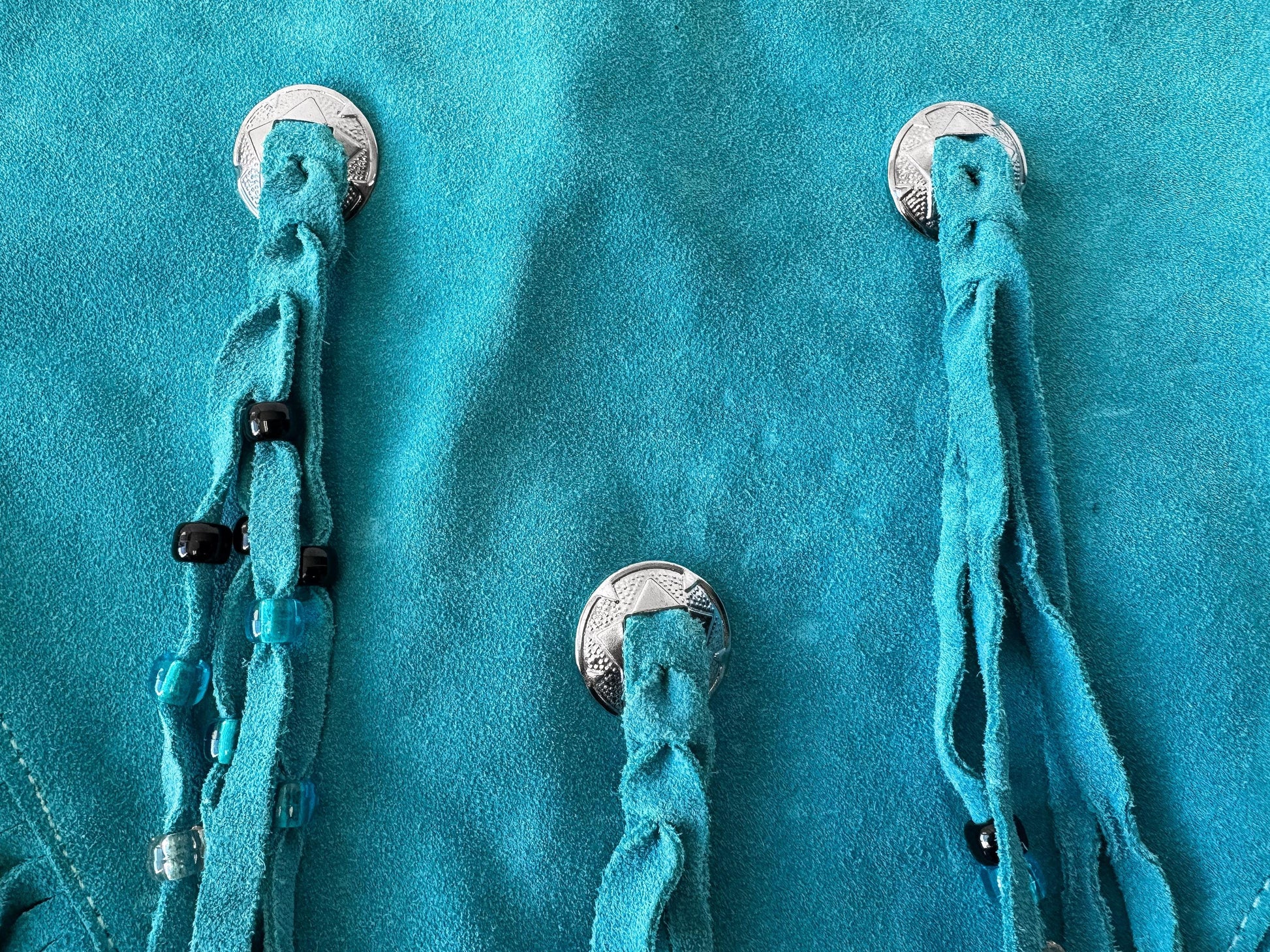 Vintage Handmade Turquoise Teal Suede Leather Fringe Beaded Concho Shawl Poncho, Approx. Sz. Women's XS, Unique Western Festival Top