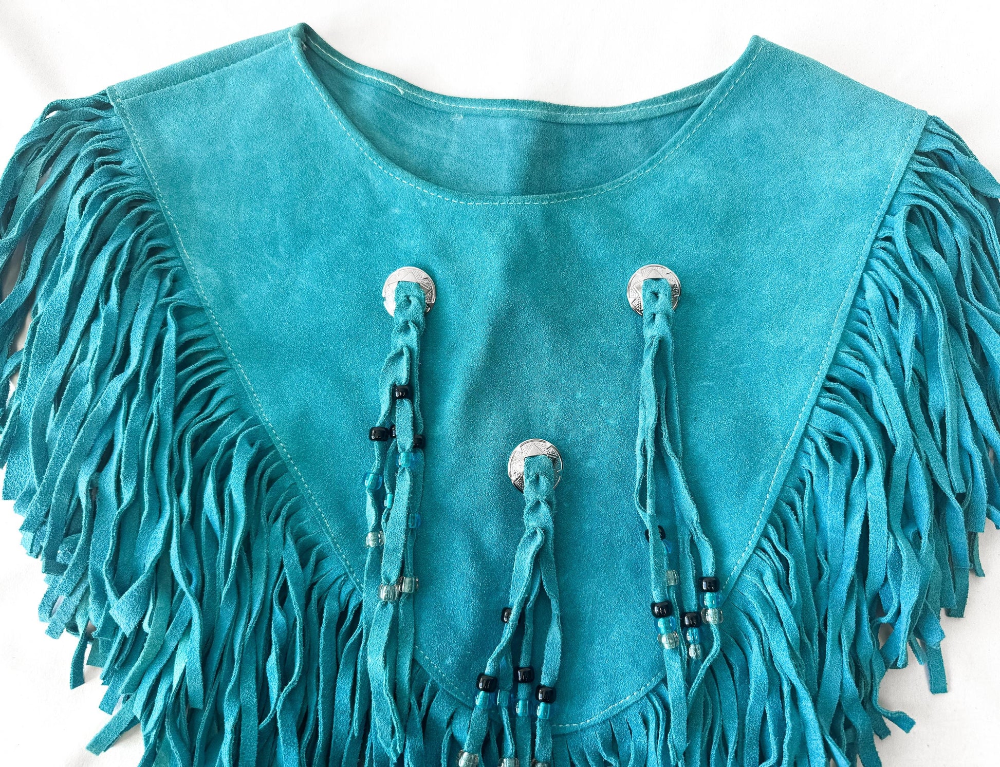 Vintage Handmade Turquoise Teal Suede Leather Fringe Beaded Concho Shawl Poncho, Approx. Sz. Women's XS, Unique Western Festival Top
