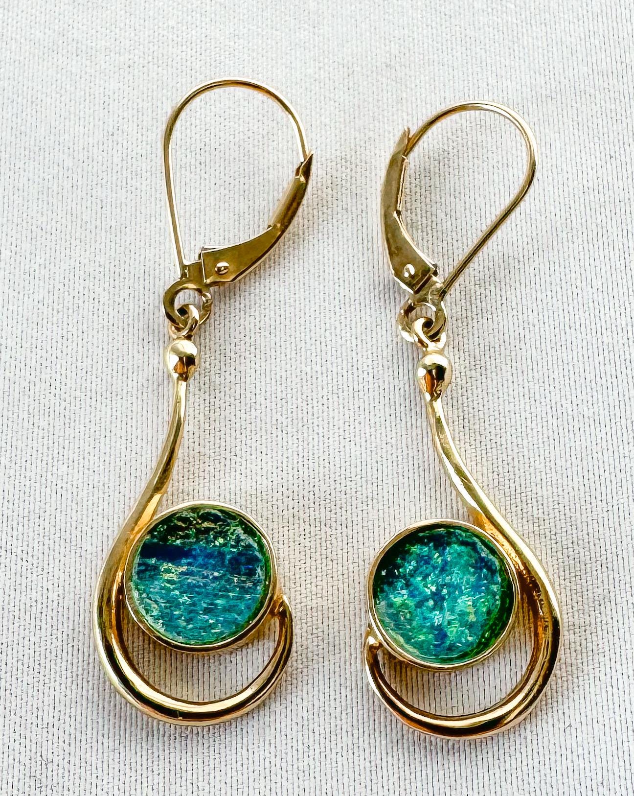 Vintage 14K Yellow Gold Blue Opal Circle Abstract Teardrop Earrings