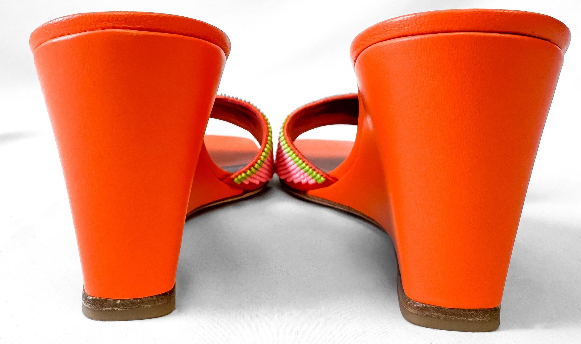 Retro Style Staud Orange Multicolor Beaded Leather Wedge Sandals, Approx. US Women's Sz. 8