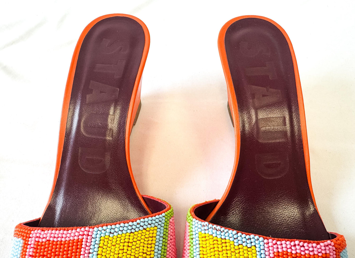 Retro Style Staud Orange Multicolor Beaded Leather Wedge Sandals, Approx. US Women's Sz. 8