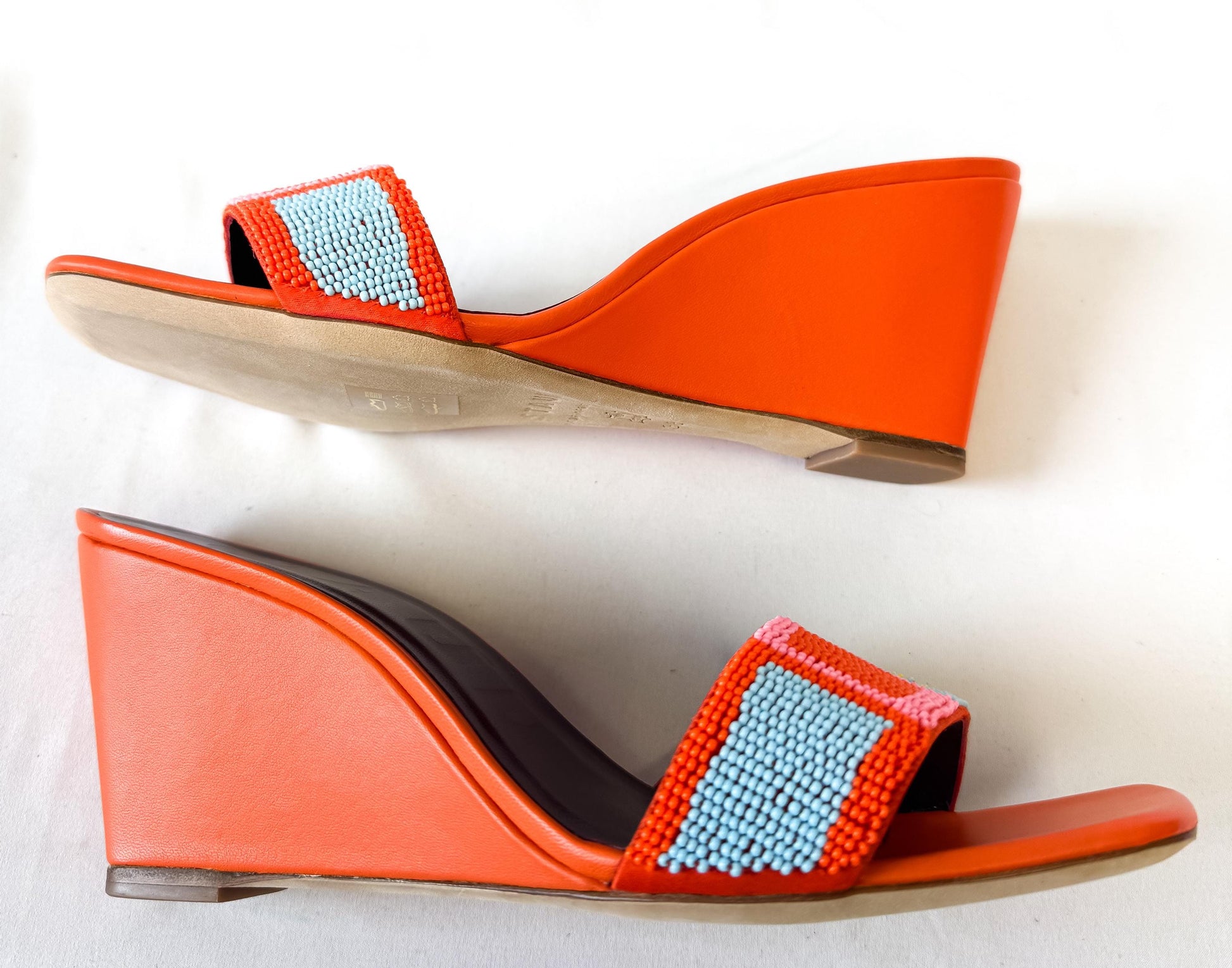 Retro Style Staud Orange Multicolor Beaded Leather Wedge Sandals, Approx. US Women's Sz. 8