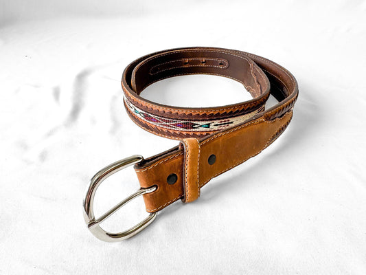 Vintage Silver Creek Leather Aztec Woven Band Belt, 34"- 36", Western Boho Style Belt
