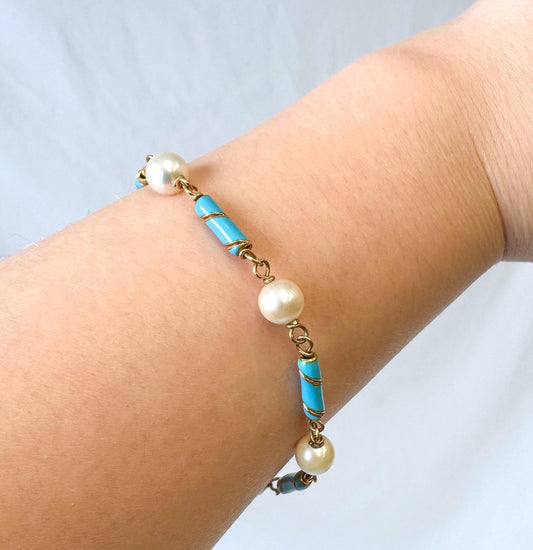 Vintage 18K 750 Pearl Blue Enamel Chain Bracelet, Approx. 7 Inches, Unique Simple Everyday Stackable Bracelet