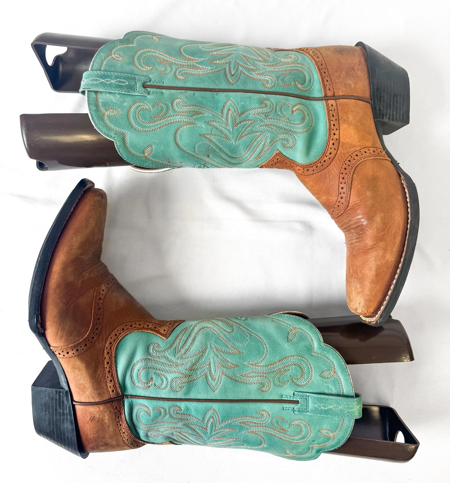 Vintage Style Ariat Heritage ATS Turquoise Teal Brown Leather Cowboy Boots, Women's Sz. 9B, Unique Western Festival Cowgirl Boots