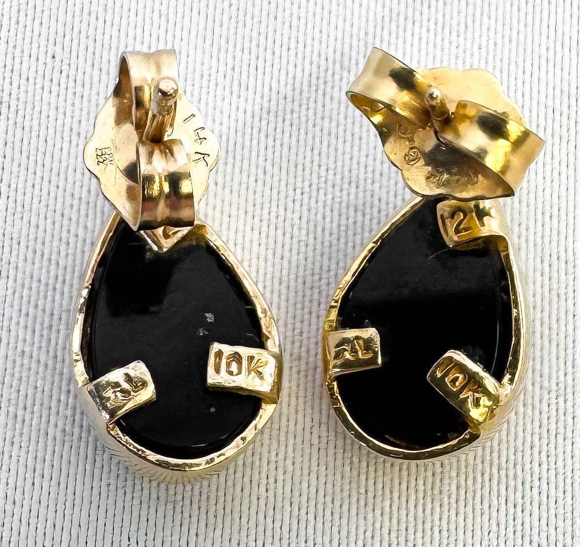 Vintage 12K 10K RL Black Hills Gold Onyx Teardrop Leaf Earrings