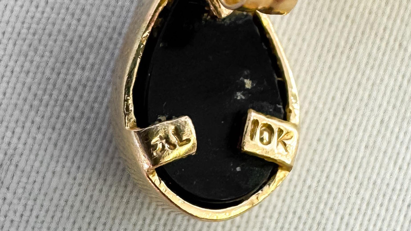 Vintage 12K 10K RL Black Hills Gold Onyx Teardrop Leaf Earrings