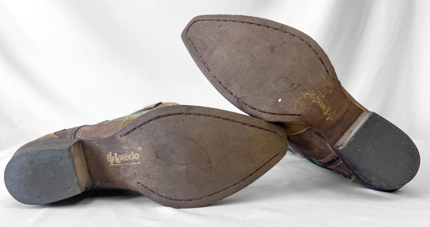 Vintage Style Laredo Teal Tan Red Floral Leather Cowboy Boots, Style 52138, Women's Sz. 9, Unique Western Festival Boots