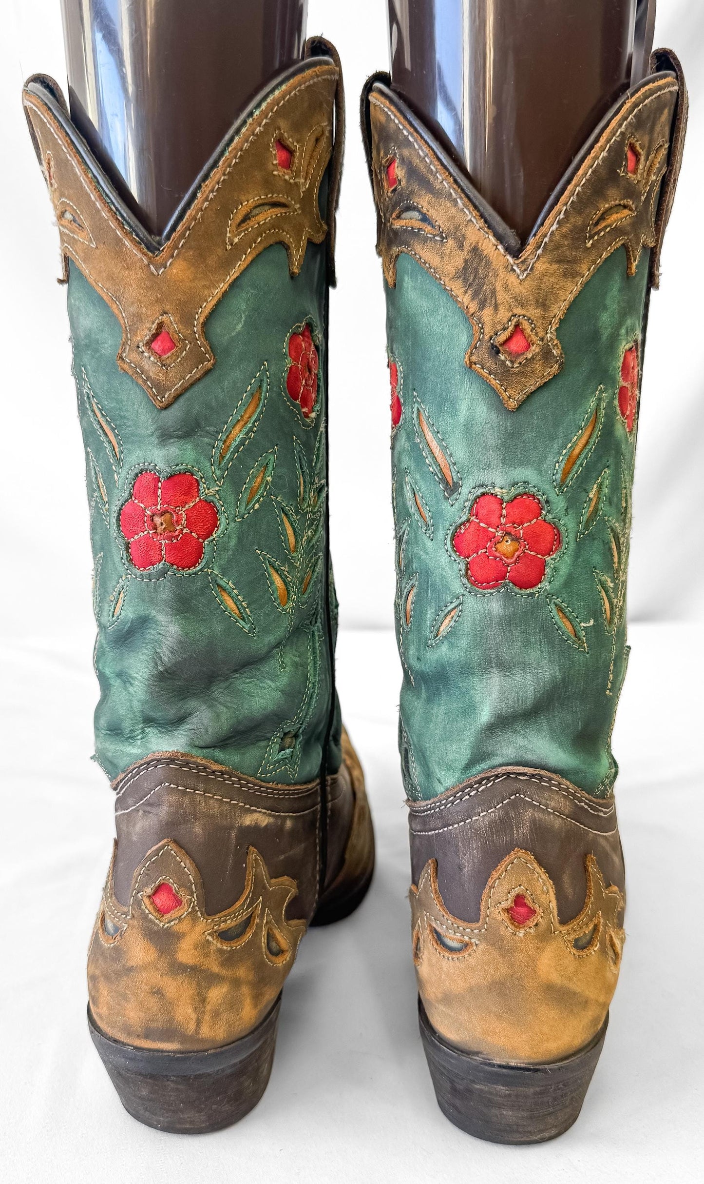 Vintage Style Laredo Teal Tan Red Floral Leather Cowboy Boots, Style 52138, Women's Sz. 9, Unique Western Festival Boots