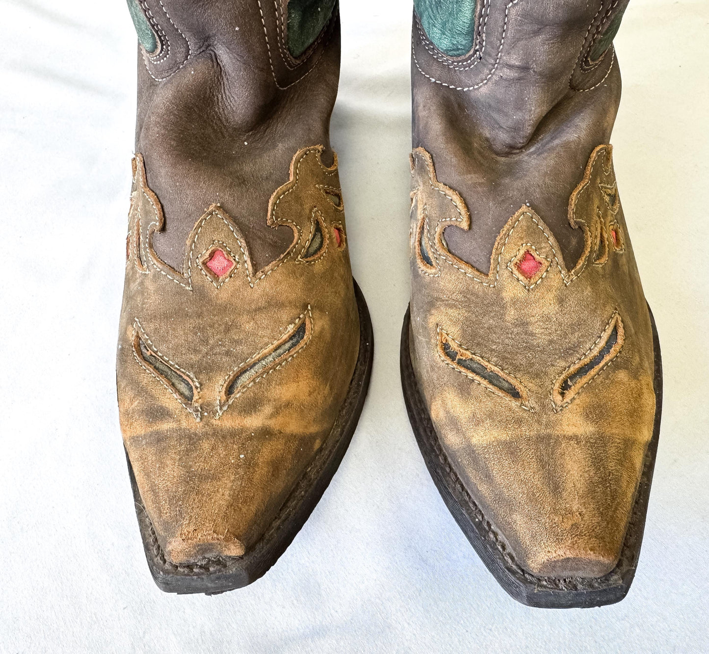Vintage Style Laredo Teal Tan Red Floral Leather Cowboy Boots, Style 52138, Women's Sz. 9, Unique Western Festival Boots
