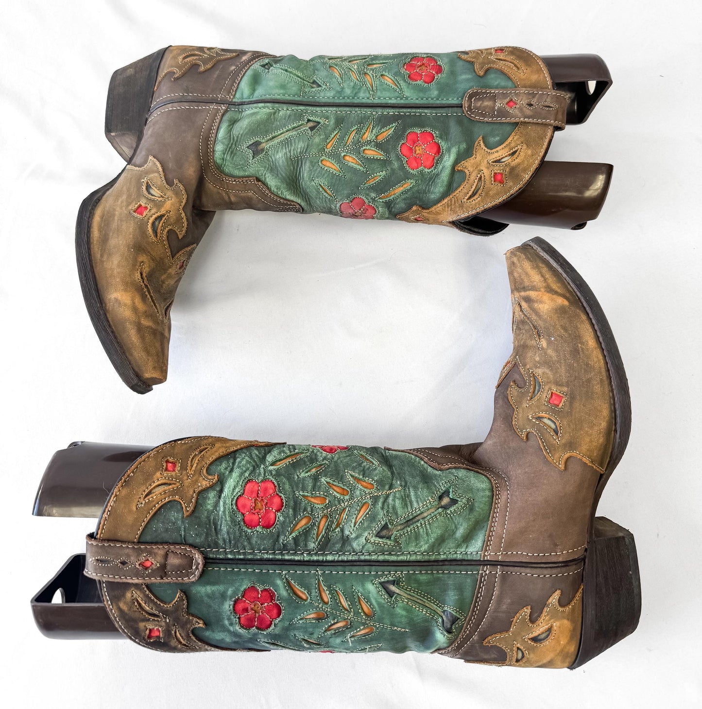 Vintage Style Laredo Teal Tan Red Floral Leather Cowboy Boots, Style 52138, Women's Sz. 9, Unique Western Festival Boots