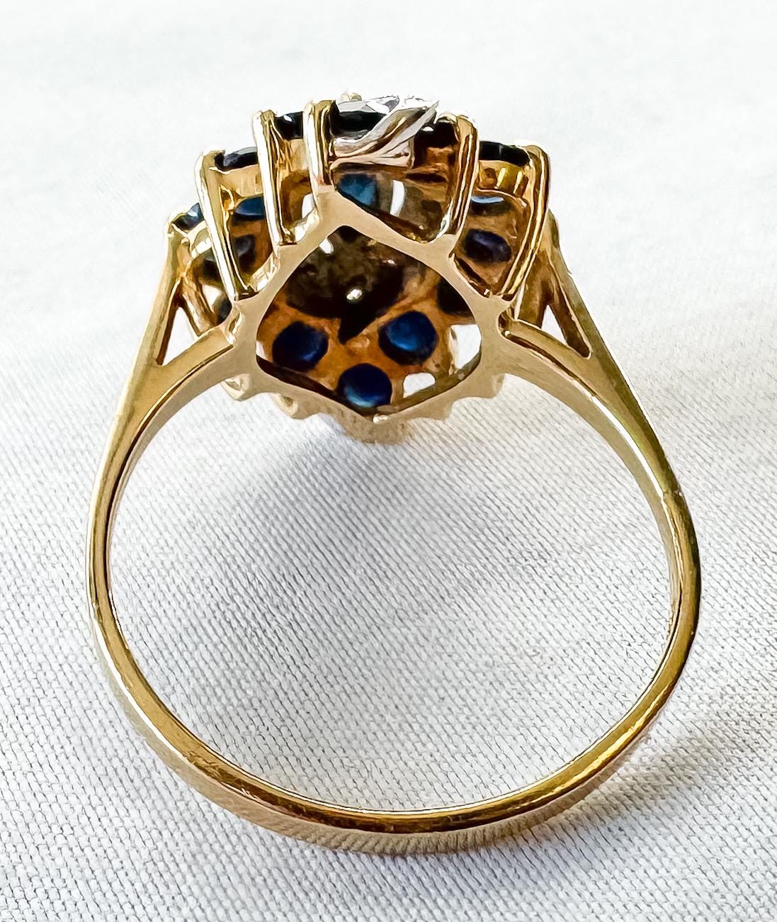Vintage 14K Diamond Blue Sapphire Marquise Hurricane Ring, Sz. 8, Vintage Statement Cocktail Art Deco Ring