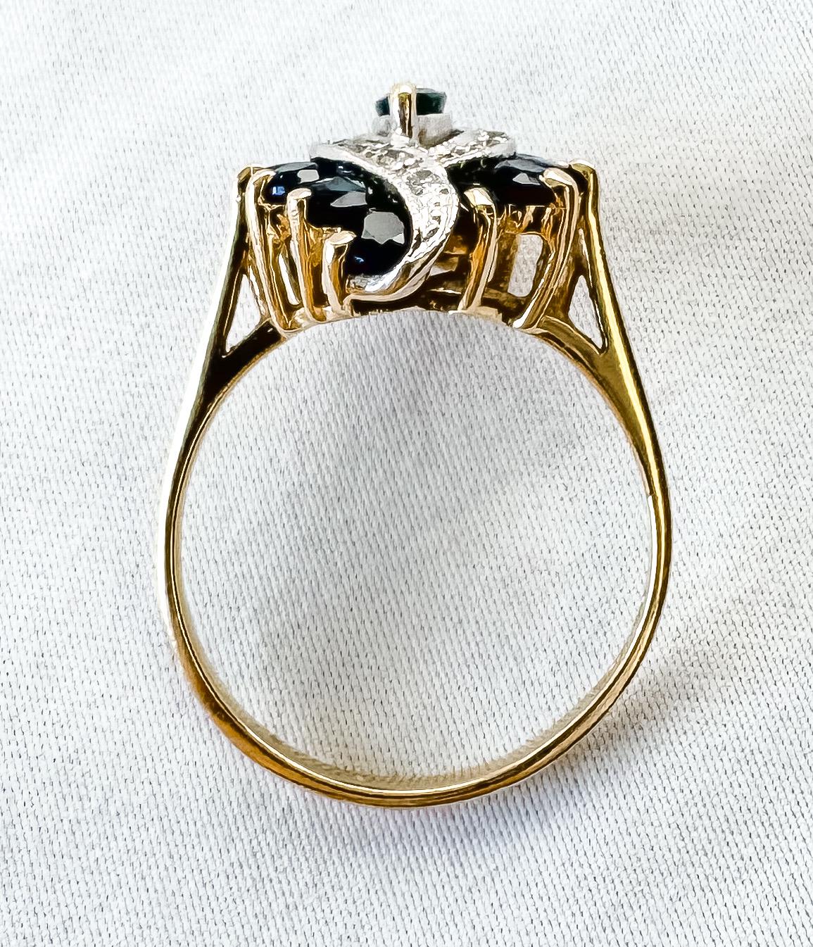 Vintage 14K Diamond Blue Sapphire Marquise Hurricane Ring, Sz. 8, Vintage Statement Cocktail Art Deco Ring