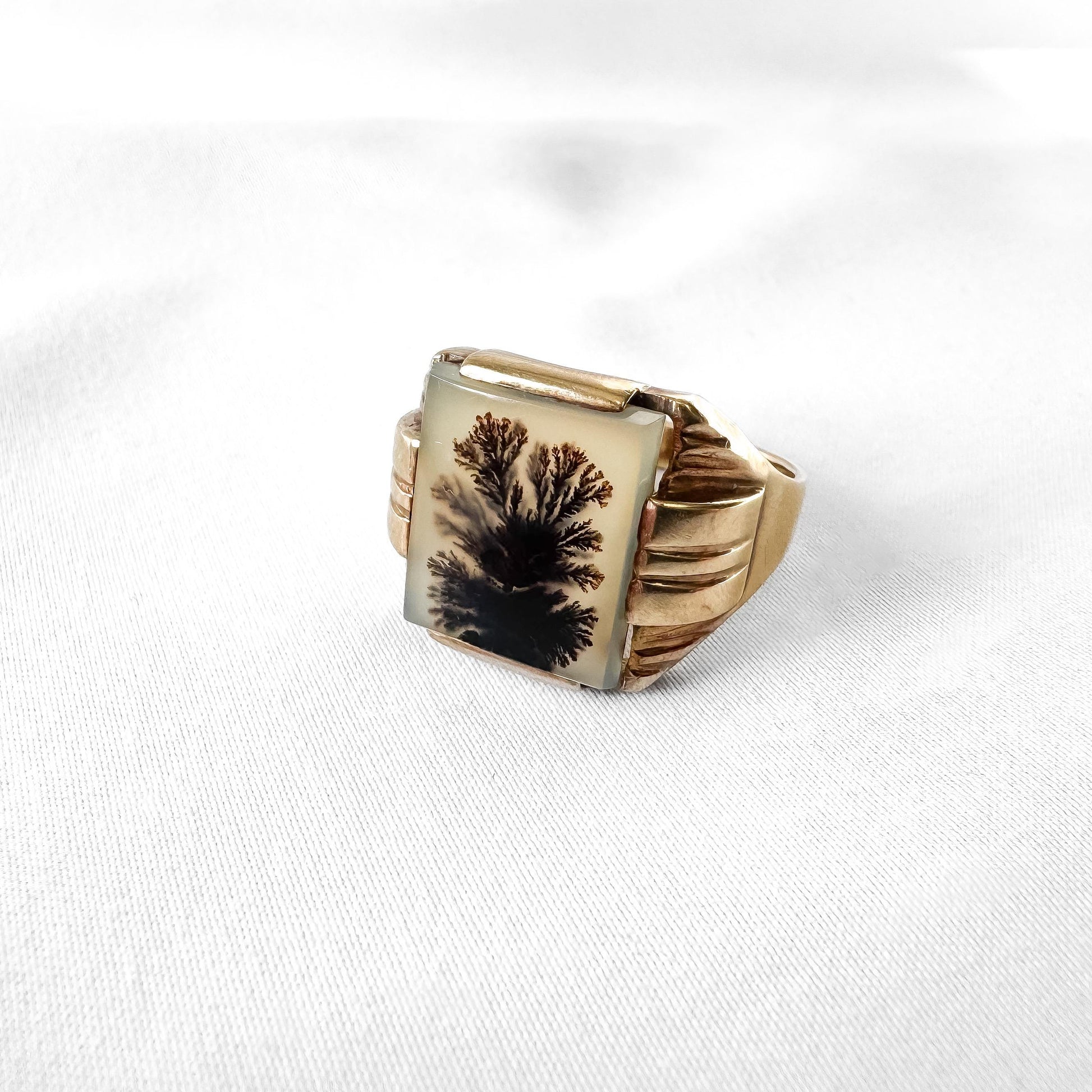 Vintage 10K Dendritic Agate Tree Bush Signet Ring, Sz. 11.5