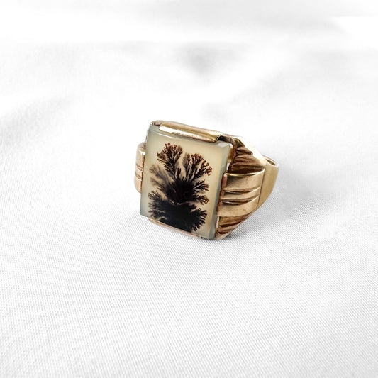 Vintage 10K Dendritic Agate Tree Bush Signet Ring, Sz. 11.5