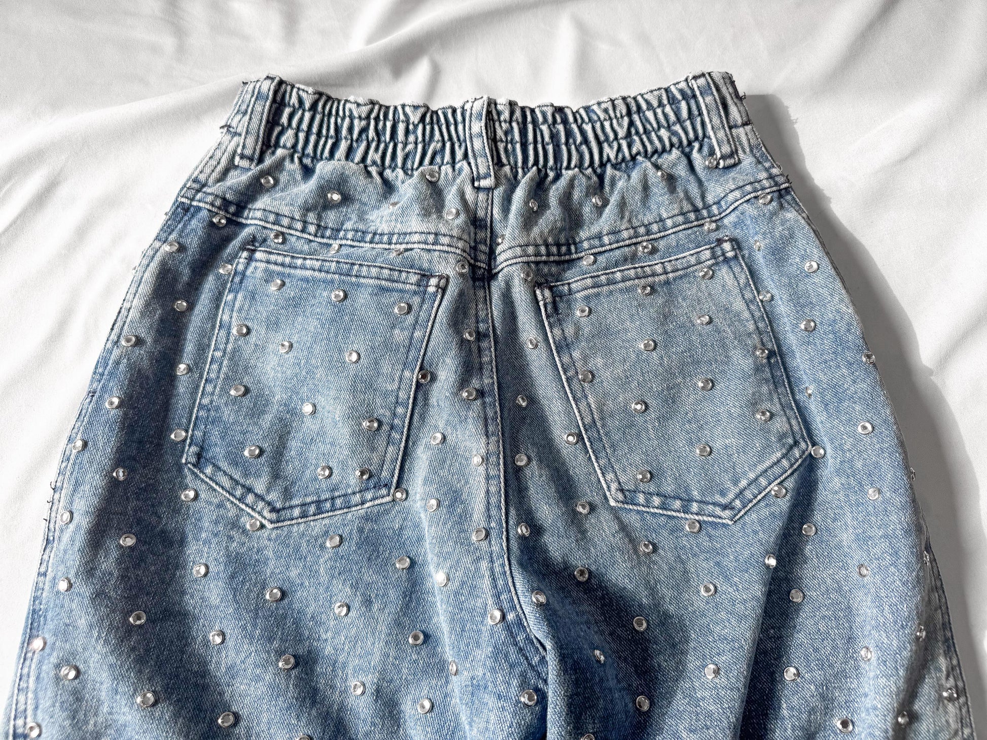 Vintage Y2K 00s Opal Medium Wash High Waist Embellished Rhinestone Tapered Mom Jeans, 26" x 31"