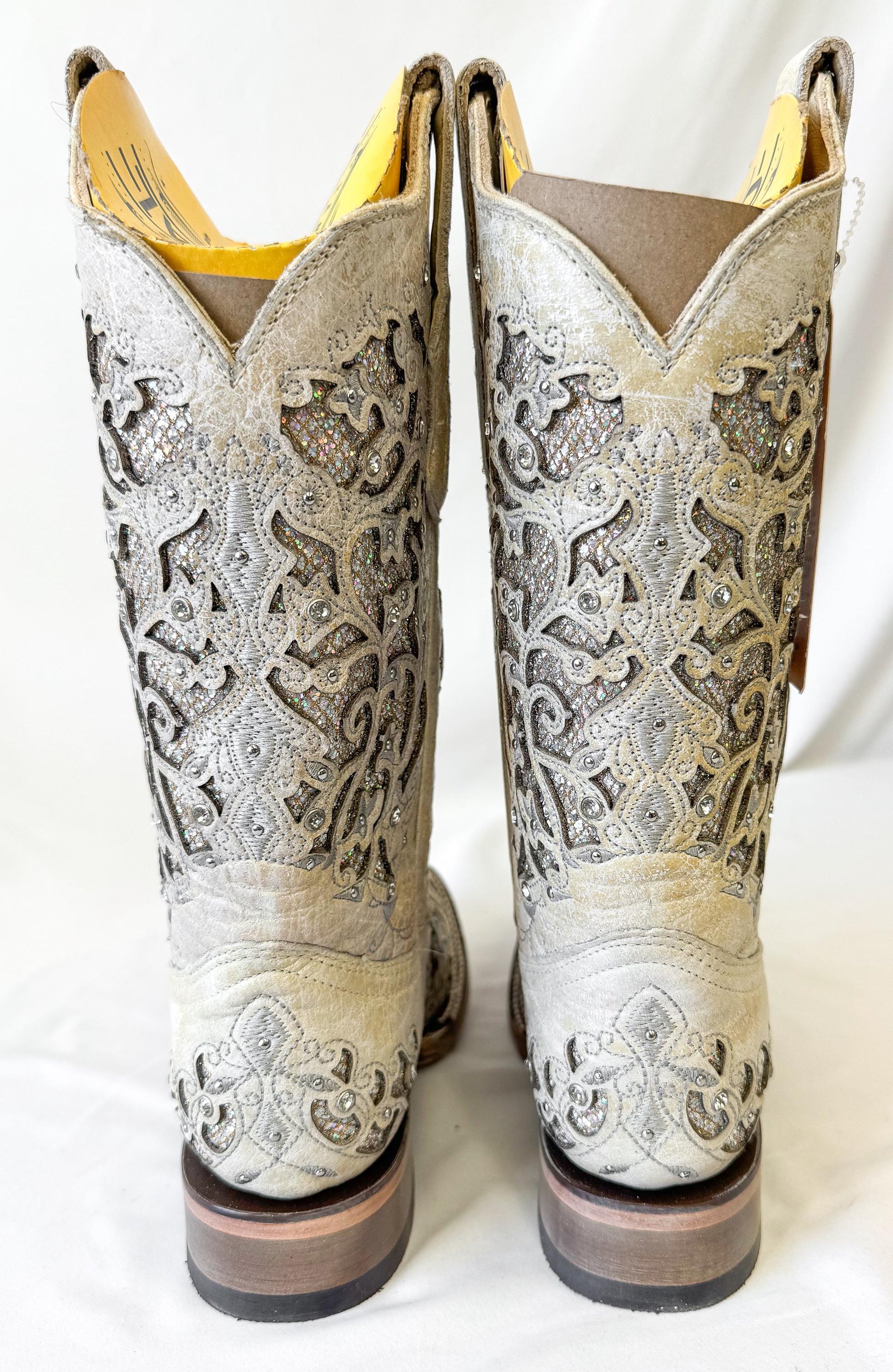 NWT Corral Off White Metallic Glitter Crystal Inlay Leather Cowboy Boots, Women's Sz. 7.5M, Unique Festival Bridal Bachelorette Boots