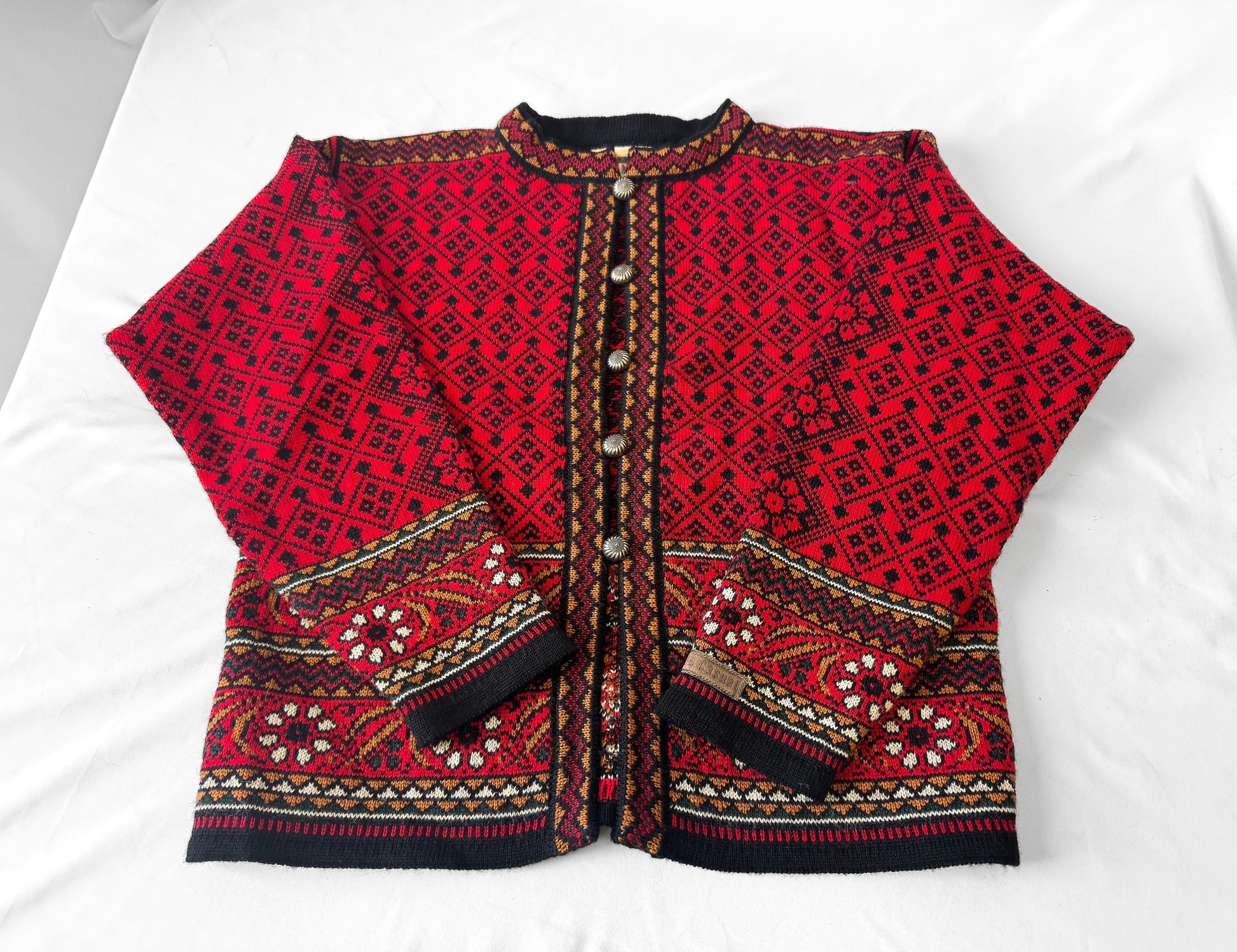 Vintage Dale of Norway Red Abstract Floral Pure Wool Nordic Cardigan Sweater, Approx. Women's Sz. XS/S
