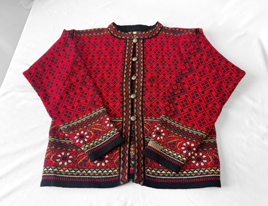 Vintage Dale of Norway Red Abstract Floral Pure Wool Nordic Cardigan Sweater, Approx. Women's Sz. XS/S