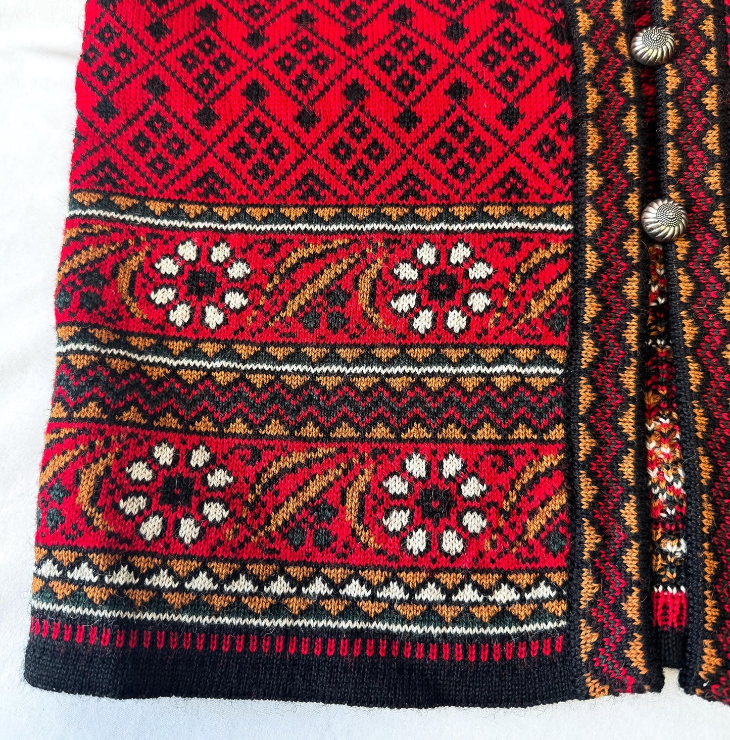 Vintage Dale of Norway Red Abstract Floral Pure Wool Nordic Cardigan Sweater, Approx. Women's Sz. XS/S