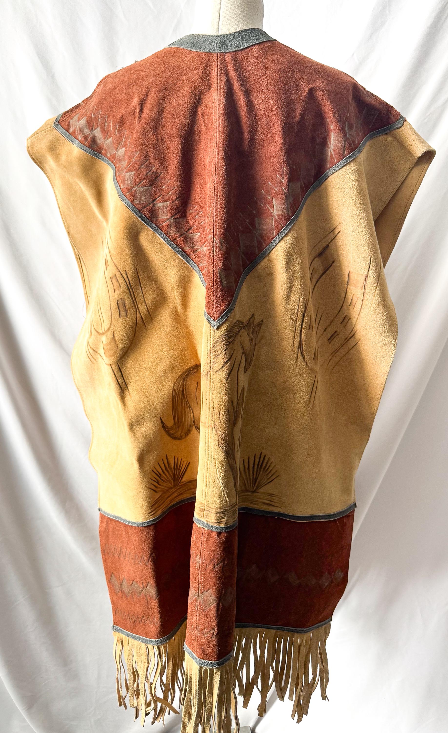 Vintage 60s/70s Handmade Native Western Style Suede Leather Horse Stamped Fringe Poncho, Approx. Men's XL/One Size, Statement Western Wear