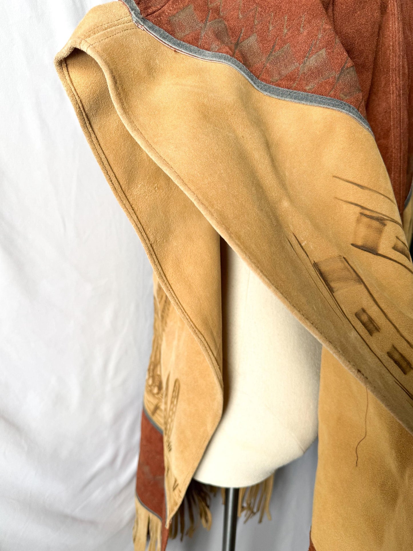 Vintage 60s/70s Handmade Native Western Style Suede Leather Horse Stamped Fringe Poncho, Approx. Men's XL/One Size, Statement Western Wear