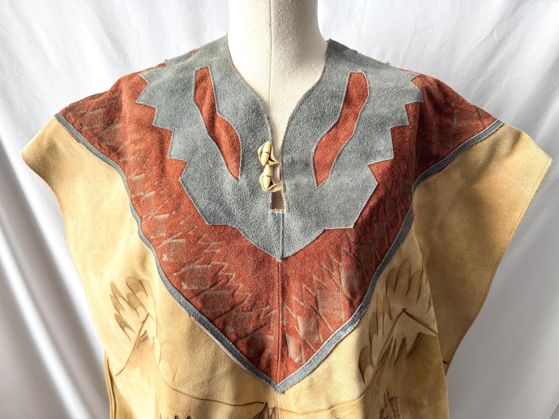 Vintage 60s/70s Handmade Native Western Style Suede Leather Horse Stamped Fringe Poncho, Approx. Men's XL/One Size, Statement Western Wear