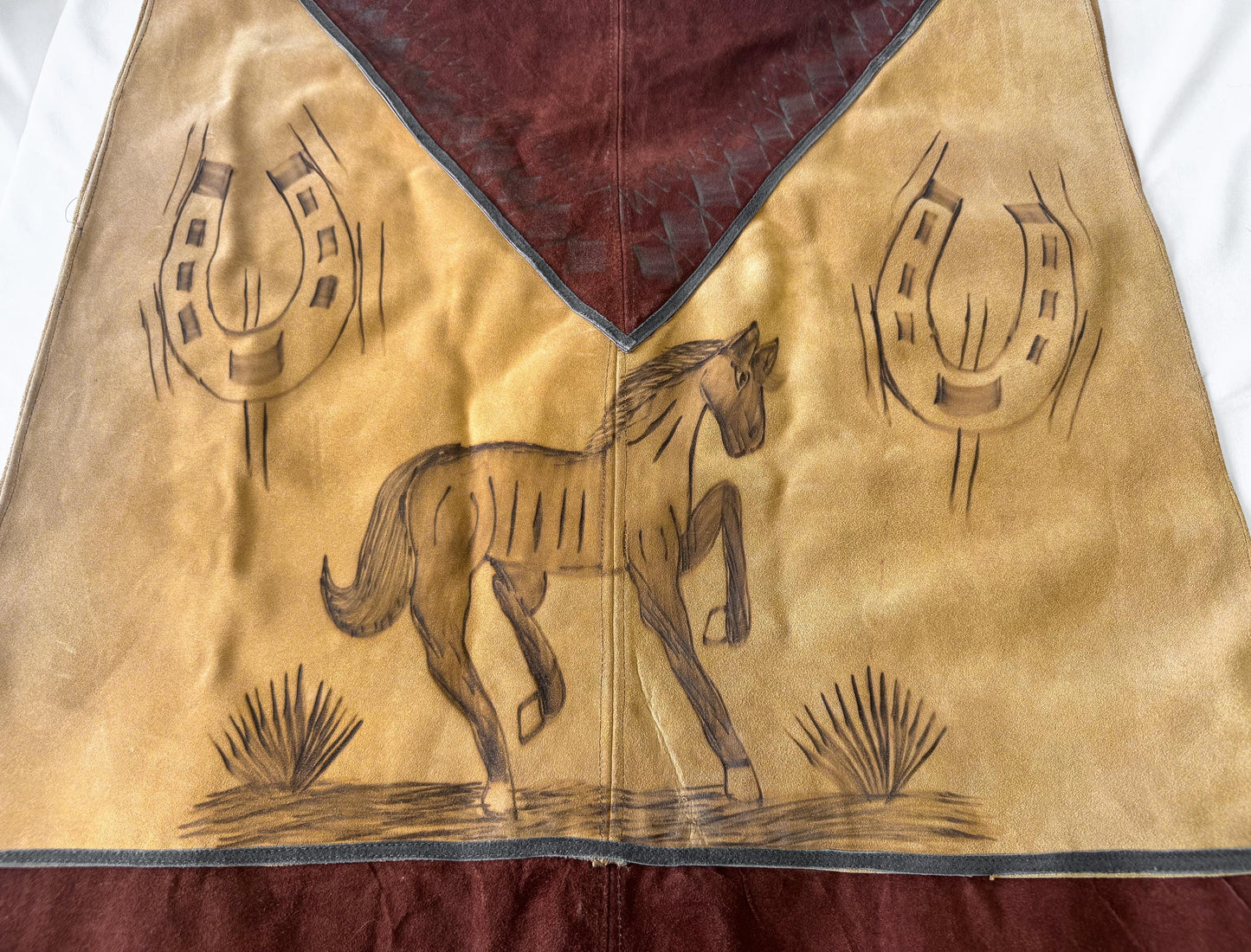Vintage 60s/70s Handmade Native Western Style Suede Leather Horse Stamped Fringe Poncho, Approx. Men's XL/One Size, Statement Western Wear