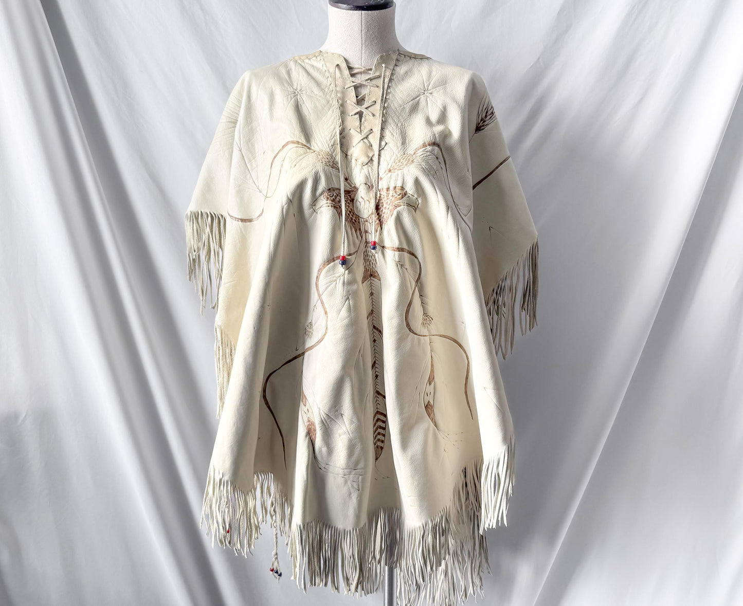 Vintage 60s/70s Handmade Cream Off-White Eagle Dreamcatcher Native Western Style Leather Fringe Shawl One Size Unique Statement Western Wear