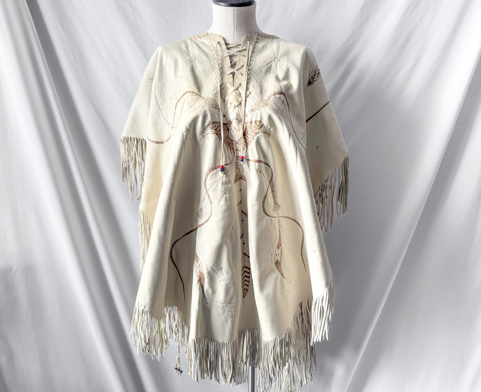 Vintage 60s/70s Handmade Cream Off-White Eagle Dreamcatcher Native Western Style Leather Fringe Shawl One Size Unique Statement Western Wear