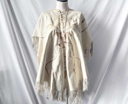 Vintage 60s/70s Handmade Cream Off-White Eagle Dreamcatcher Native Western Style Leather Fringe Shawl One Size Unique Statement Western Wear