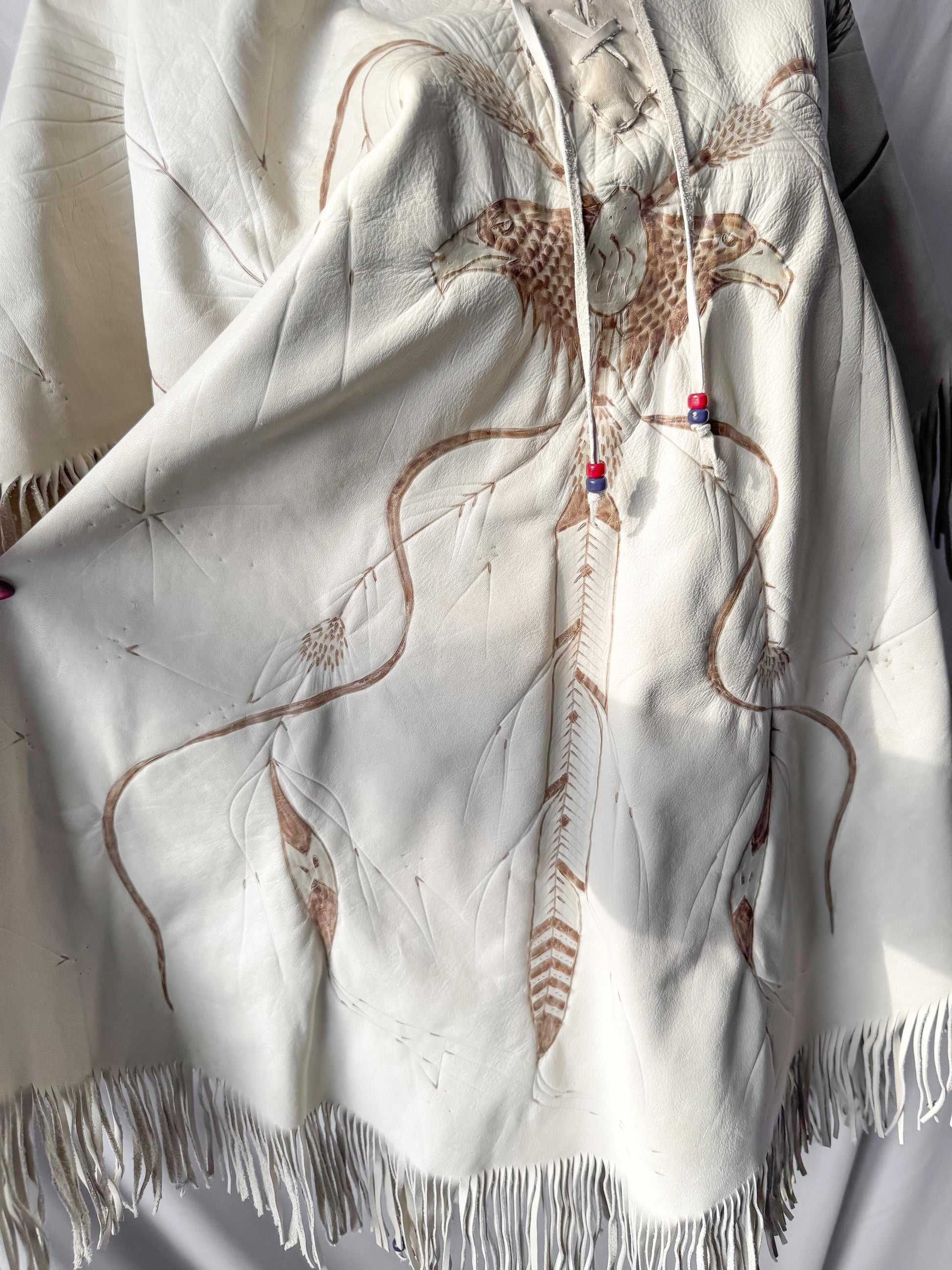 Vintage 60s/70s Handmade Cream Off-White Eagle Dreamcatcher Native Western Style Leather Fringe Shawl One Size Unique Statement Western Wear