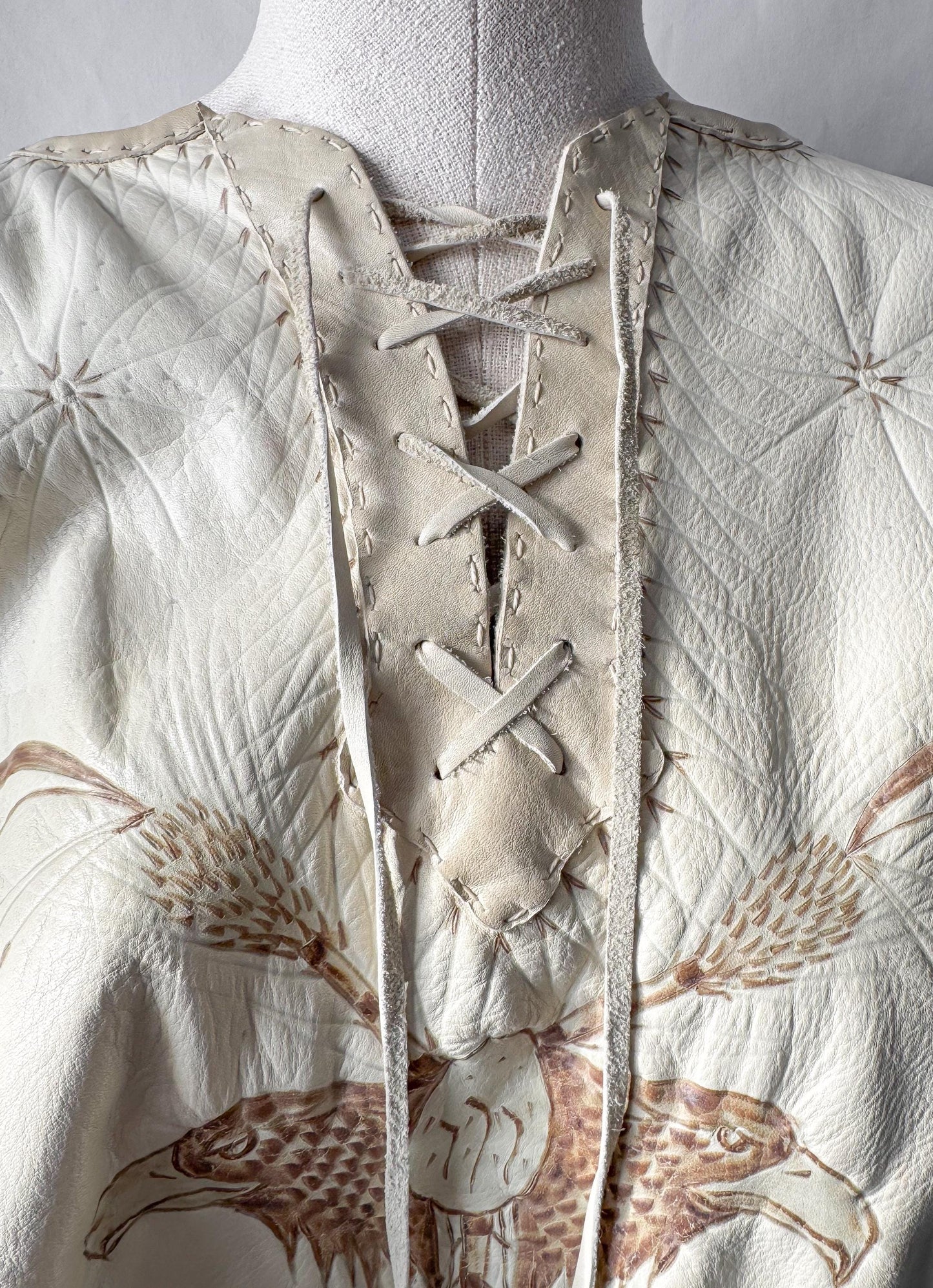 Vintage 60s/70s Handmade Cream Off-White Eagle Dreamcatcher Native Western Style Leather Fringe Shawl One Size Unique Statement Western Wear